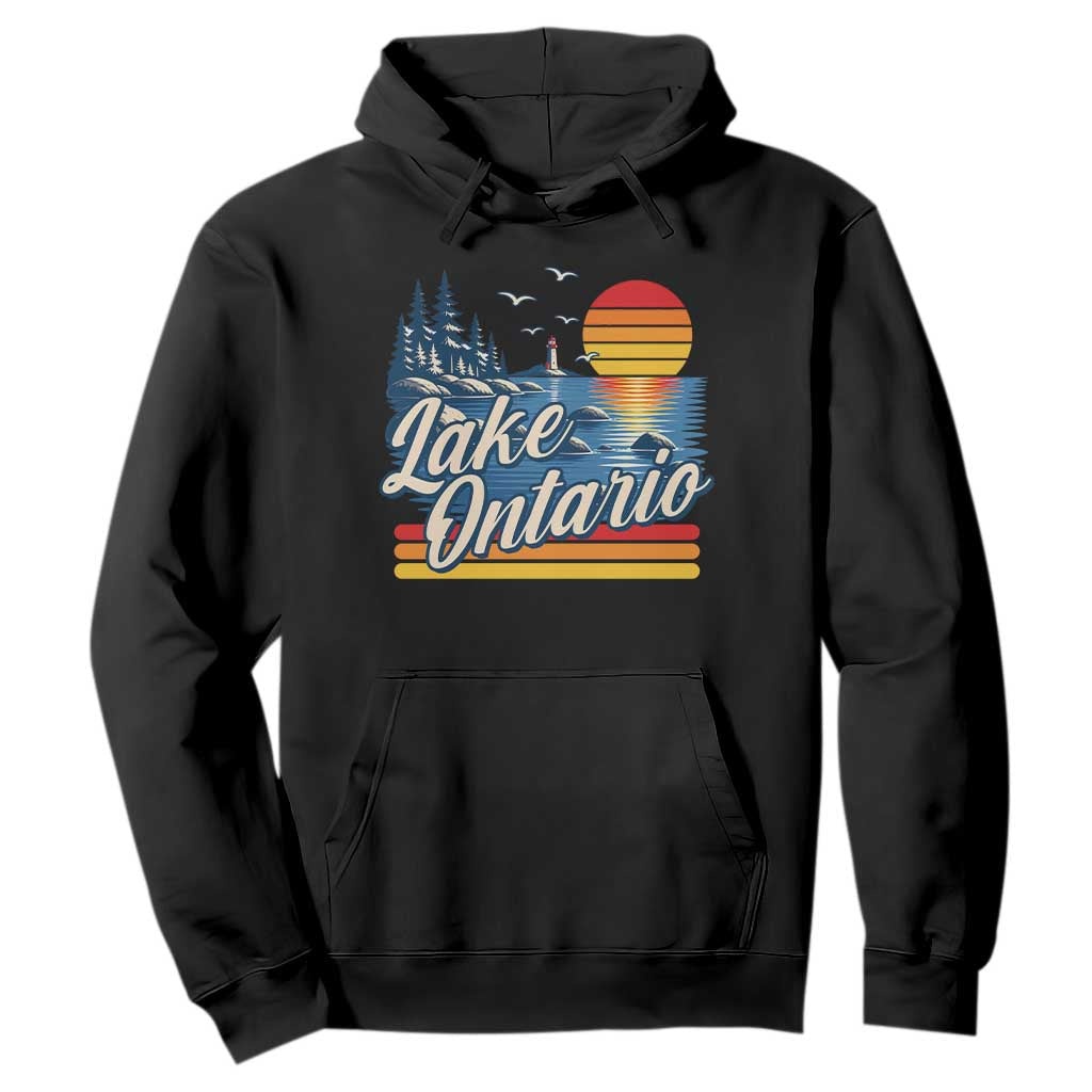 Lake Ontario Retro 80s Sunset Graphic Hoodie Coastal Lighthouse Outdoor Vacation Gift