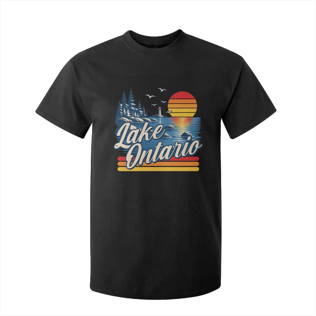 Lake Ontario Retro 80s Sunset Graphic T Shirt For Kid Coastal Lighthouse Outdoor Vacation Gift