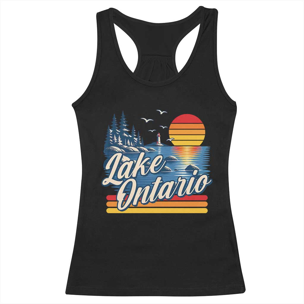 Lake Ontario Retro 80s Sunset Graphic Racerback Tank Top Coastal Lighthouse Outdoor Vacation Gift