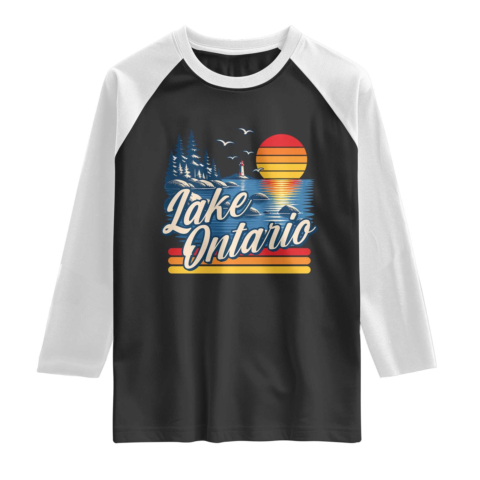 Lake Ontario Retro 80s Sunset Graphic Raglan Shirt Coastal Lighthouse Outdoor Vacation Gift