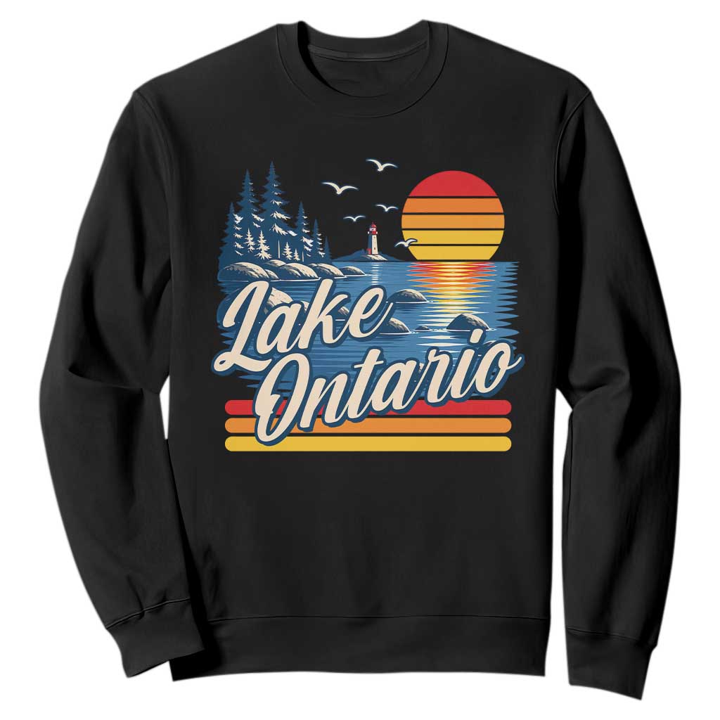 Lake Ontario Retro 80s Sunset Graphic Sweatshirt Coastal Lighthouse Outdoor Vacation Gift