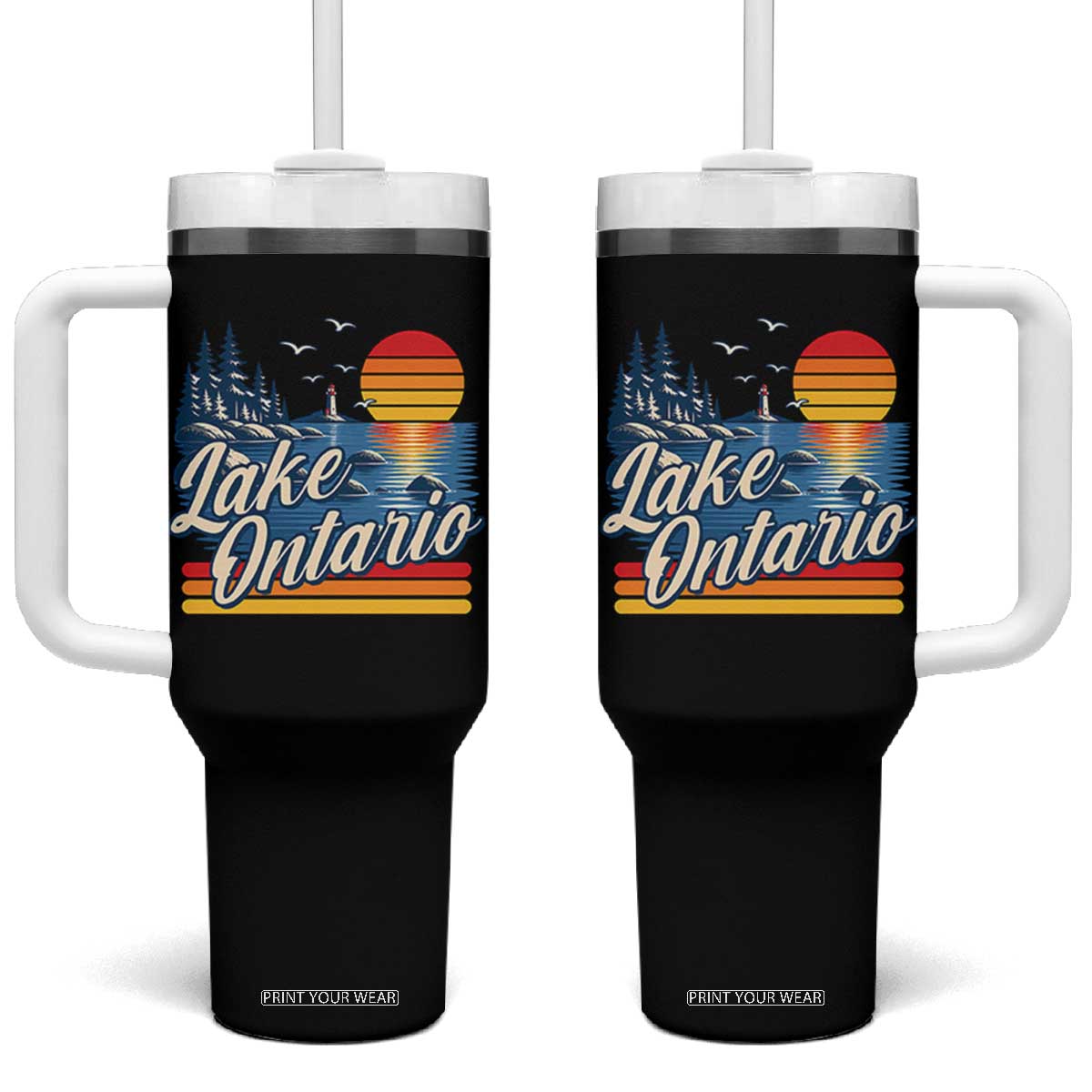 Lake Ontario Retro 80s Sunset Graphic Tumbler With Handle Coastal Lighthouse Outdoor Vacation Gift