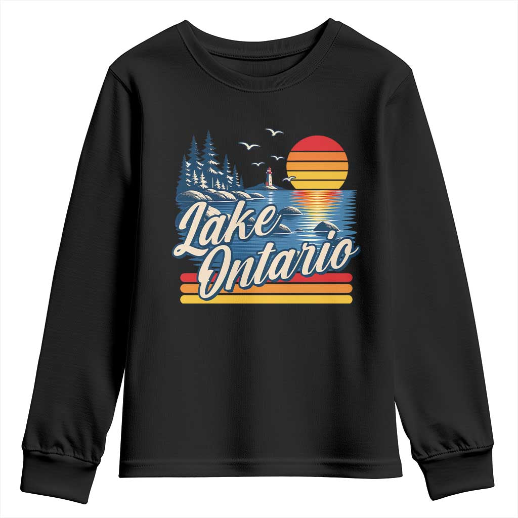 Lake Ontario Retro 80s Sunset Graphic Youth Sweatshirt Coastal Lighthouse Outdoor Vacation Gift