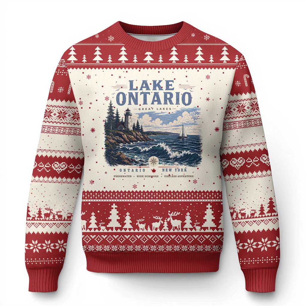 Lake Ontario Coastal Lighthouse Graphic Ugly Christmas Sweater Scenic Great Lakes Sunset Boat Vacation