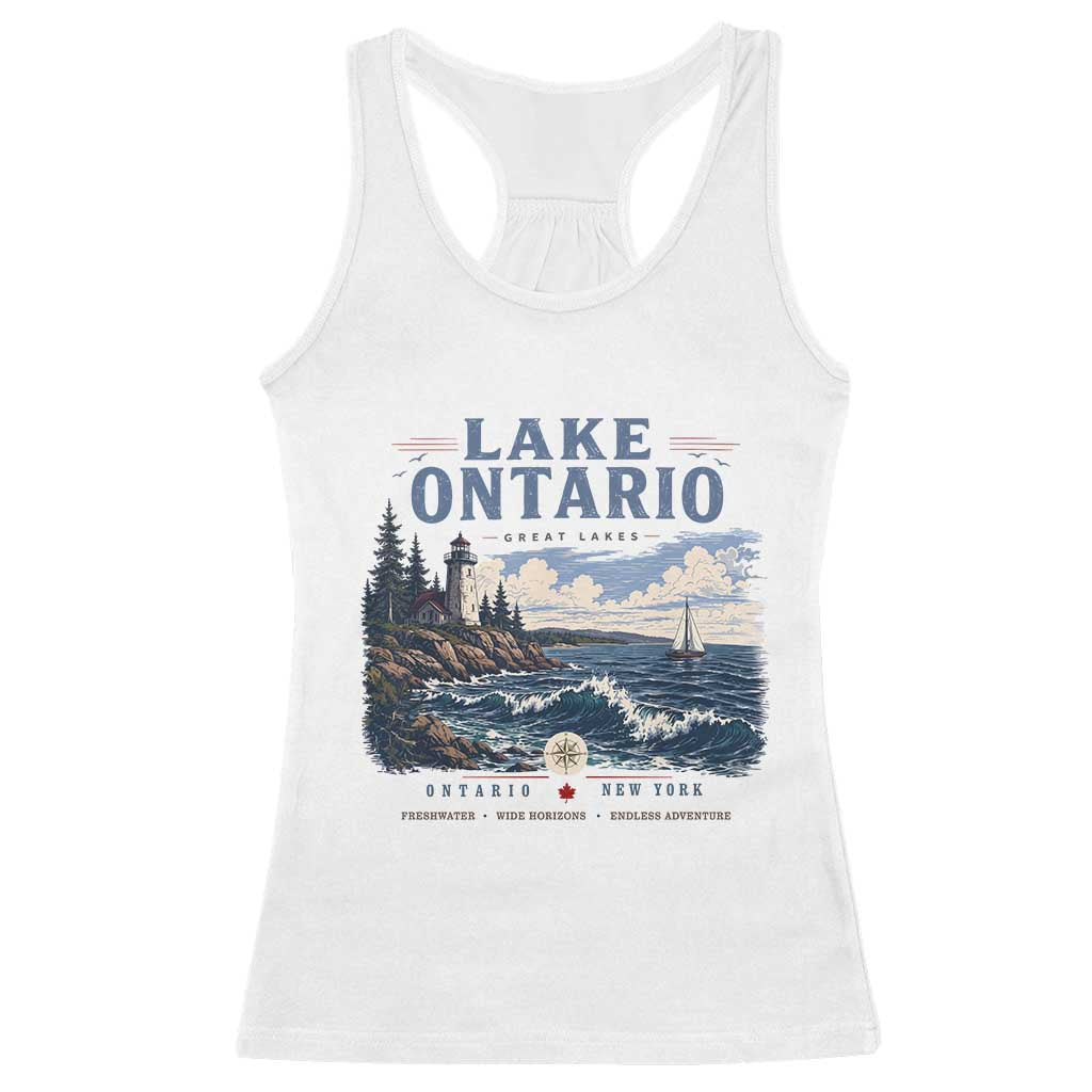 Lake Ontario Coastal Lighthouse Graphic Racerback Tank Top Scenic Great Lakes Sunset Boat Vacation