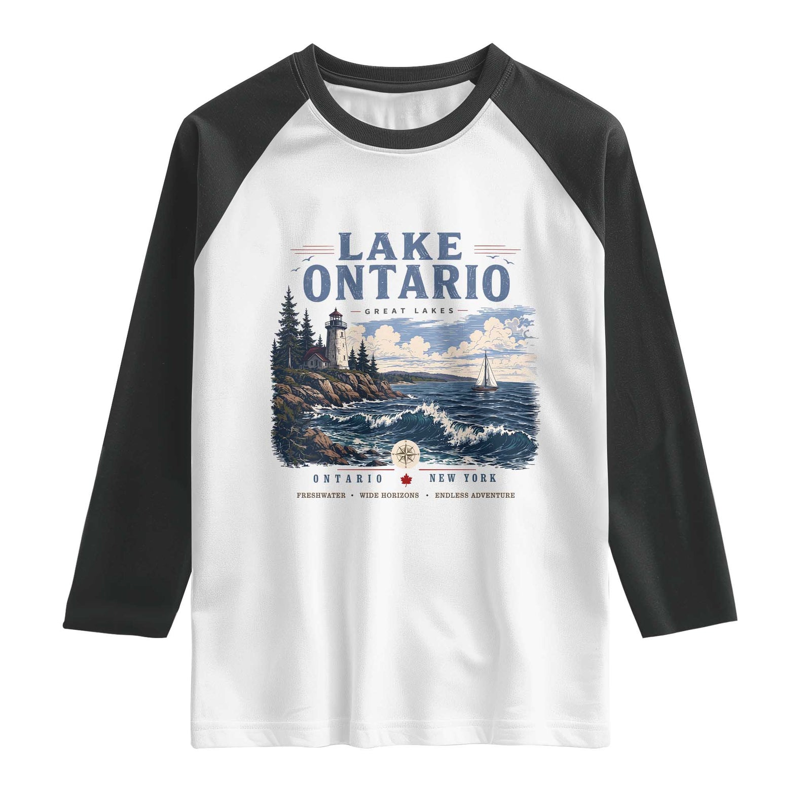 Lake Ontario Coastal Lighthouse Graphic Raglan Shirt Scenic Great Lakes Sunset Boat Vacation