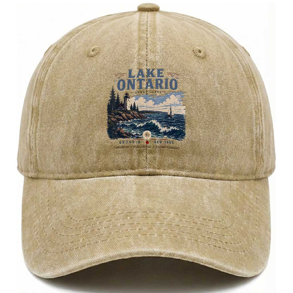 Lake Ontario Coastal Lighthouse Graphic Washed Cotton Baseball Cap Scenic Great Lakes Sunset Boat Vacation