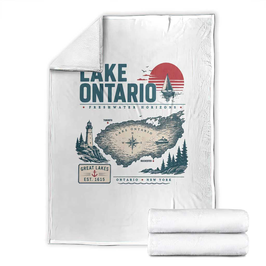 Lake Ontario Est 1615 Vintage Map Graphic Throw Blanket Retro Sun Nautical Lighthouse Great Lakes Gift