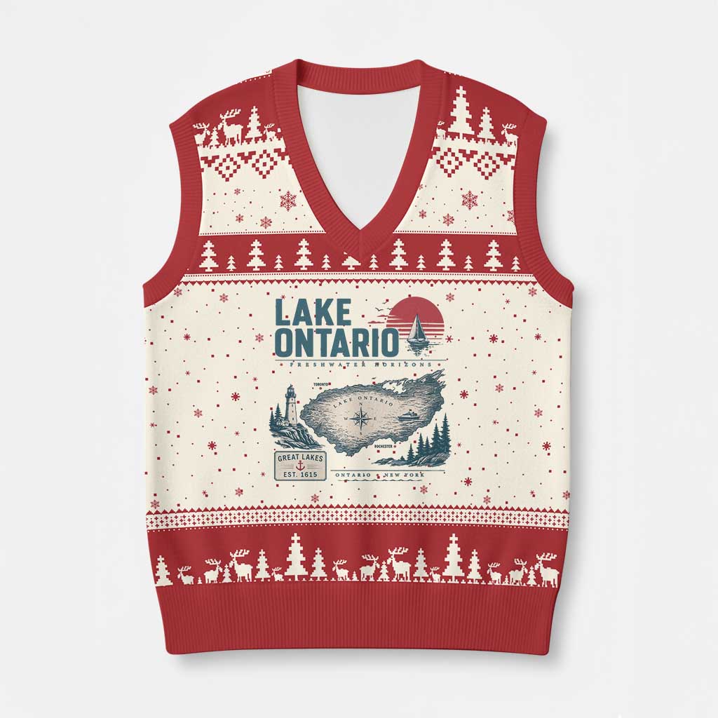 Lake Ontario Est 1615 Vintage Map Graphic V-Neck Knit Sweater Vest Retro Sun Nautical Lighthouse Great Lakes Gift