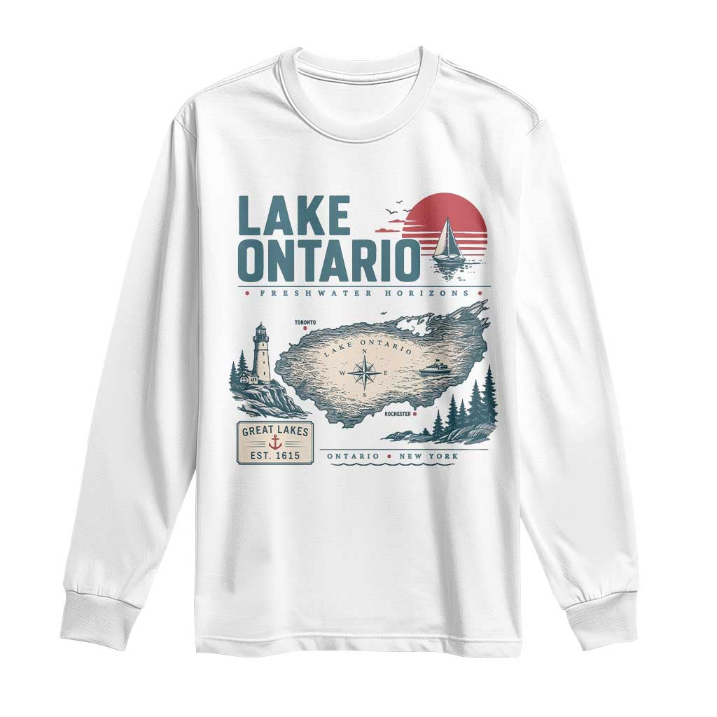 Lake Ontario Est 1615 Vintage Map Graphic Long Sleeve Shirt Retro Sun Nautical Lighthouse Great Lakes Gift