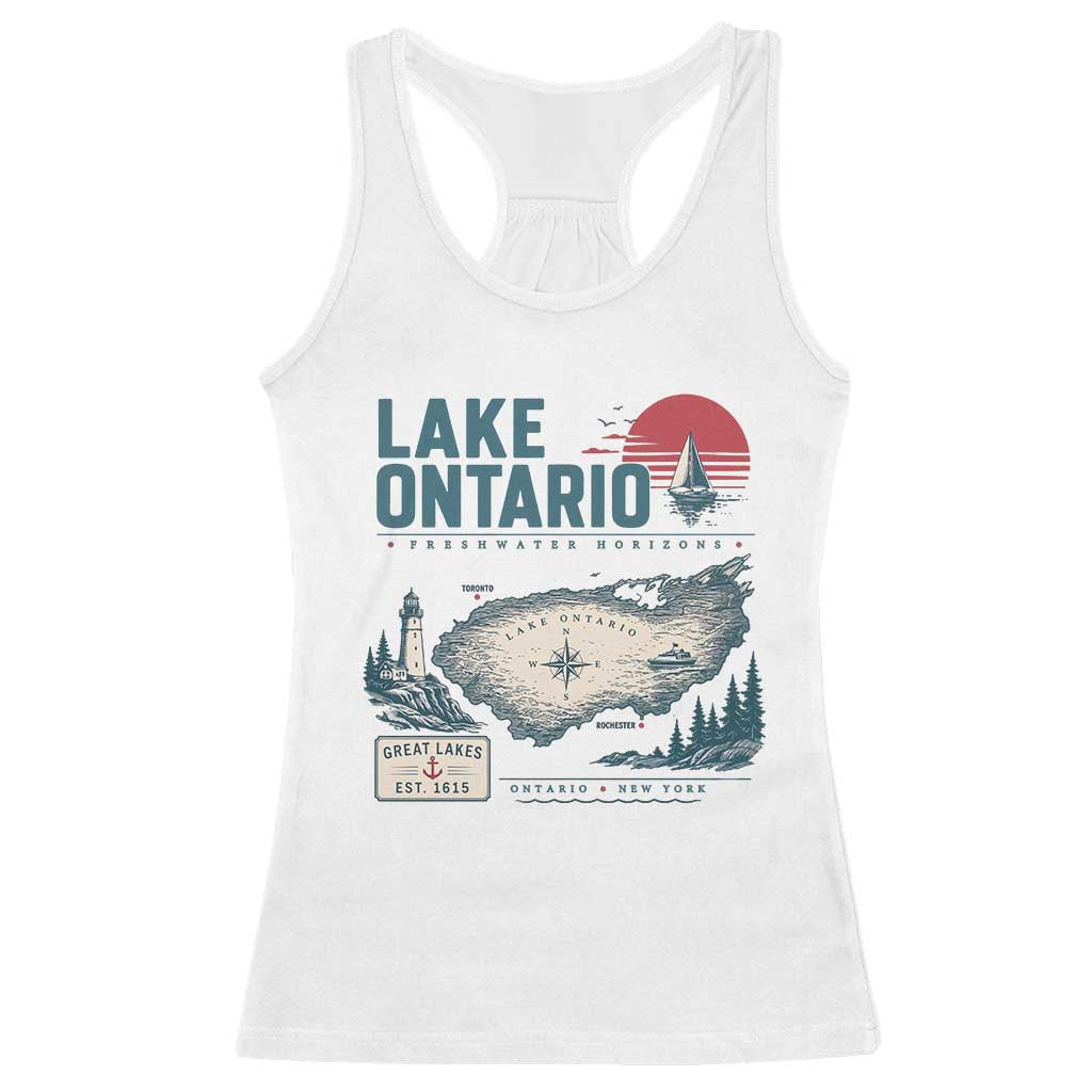Lake Ontario Est 1615 Vintage Map Graphic Racerback Tank Top Retro Sun Nautical Lighthouse Great Lakes Gift