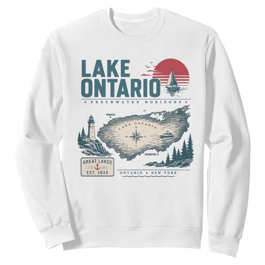 Lake Ontario Est 1615 Vintage Map Graphic Sweatshirt Retro Sun Nautical Lighthouse Great Lakes Gift