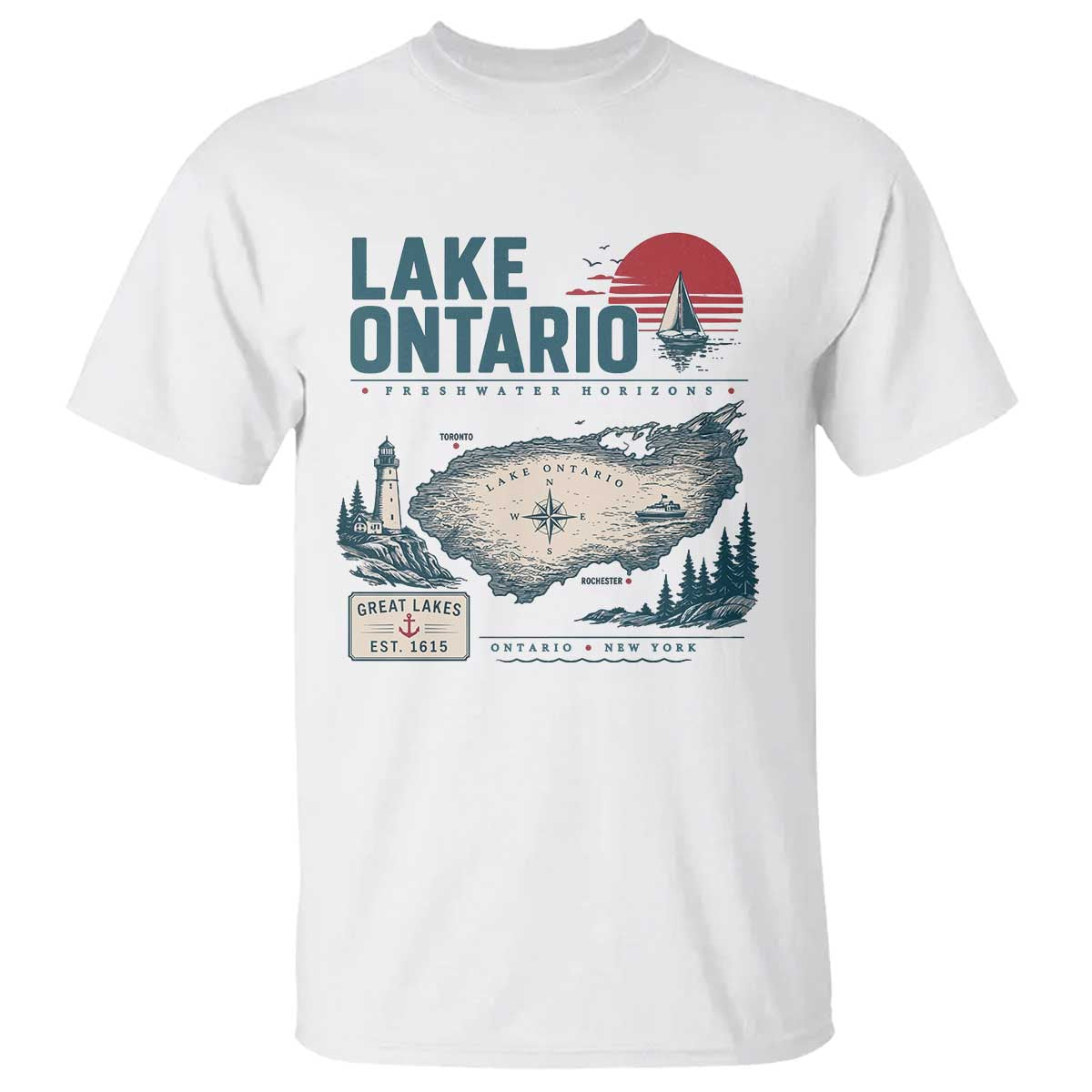 Lake Ontario Est 1615 Vintage Map Graphic T Shirt Retro Sun Nautical Lighthouse Great Lakes Gift
