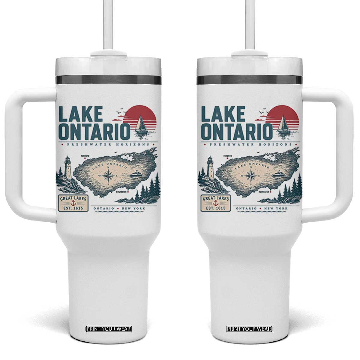 Lake Ontario Est 1615 Vintage Map Graphic Tumbler With Handle Retro Sun Nautical Lighthouse Great Lakes Gift