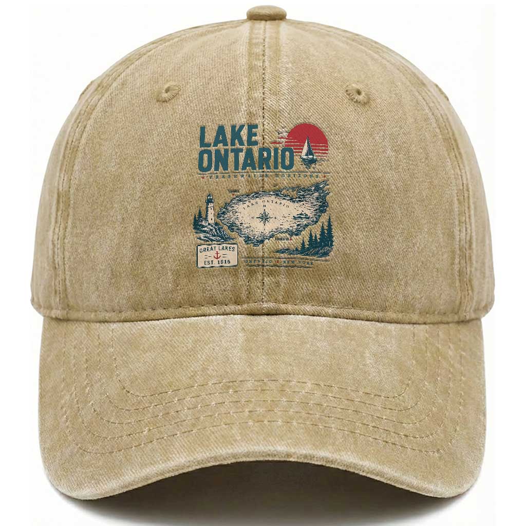 Lake Ontario Est 1615 Vintage Map Graphic Washed Cotton Baseball Cap Retro Sun Nautical Lighthouse Great Lakes Gift