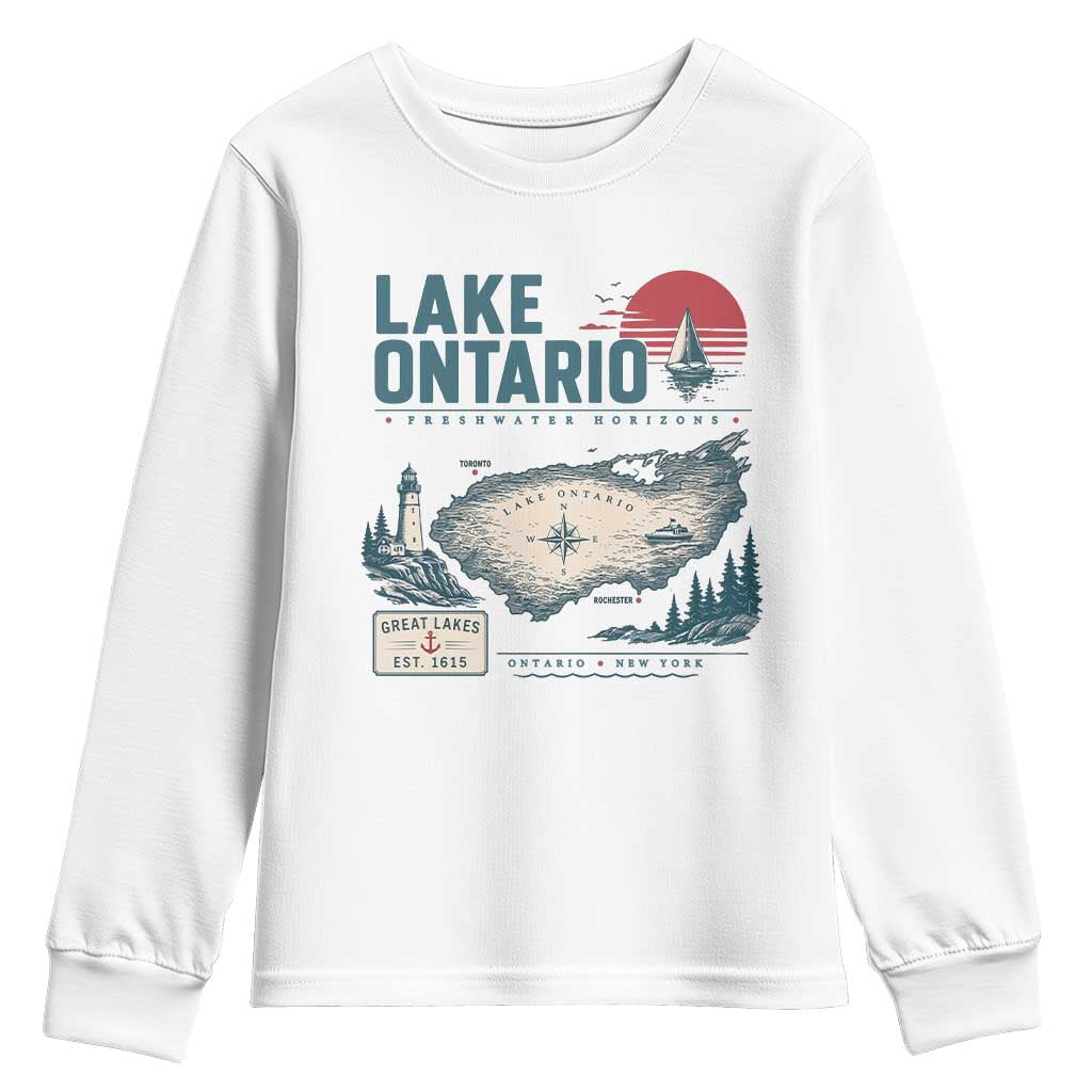 Lake Ontario Est 1615 Vintage Map Graphic Youth Sweatshirt Retro Sun Nautical Lighthouse Great Lakes Gift