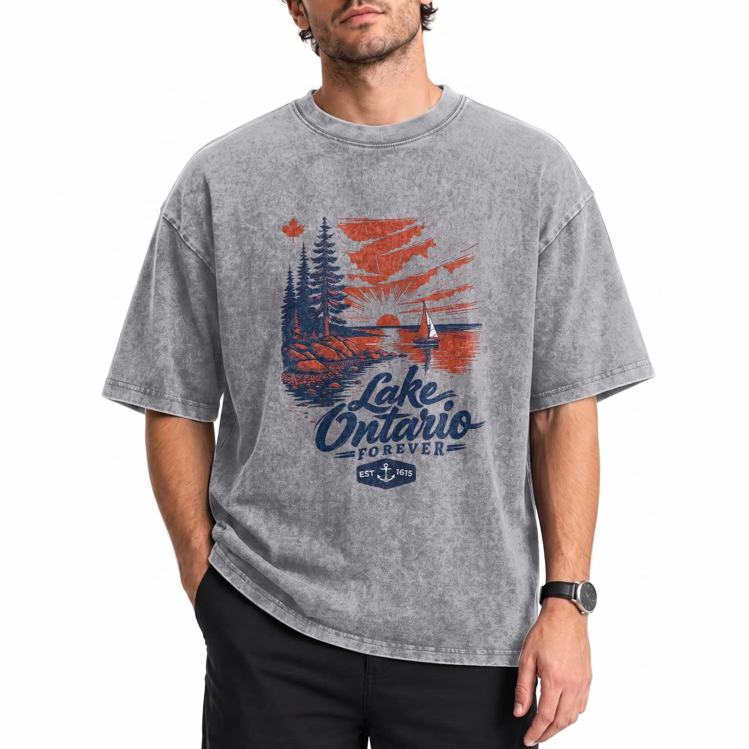 Lake Ontario Forever Est 1615 Vintage Canadian Maple Leaf Washed Cotton T-Shirt Sunset Nautical Great Lakes Gift