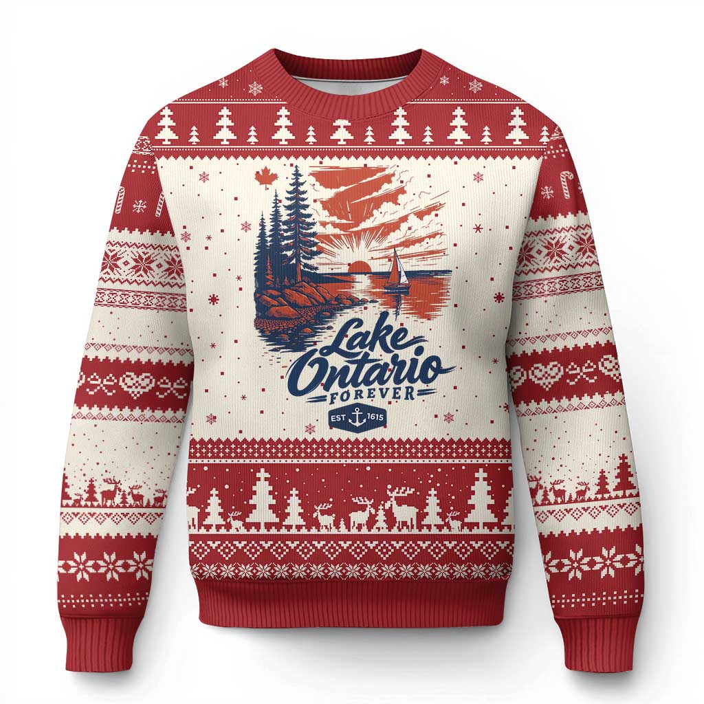 Lake Ontario Forever Est 1615 Vintage Canadian Maple Leaf Ugly Christmas Sweater Sunset Nautical Great Lakes Gift