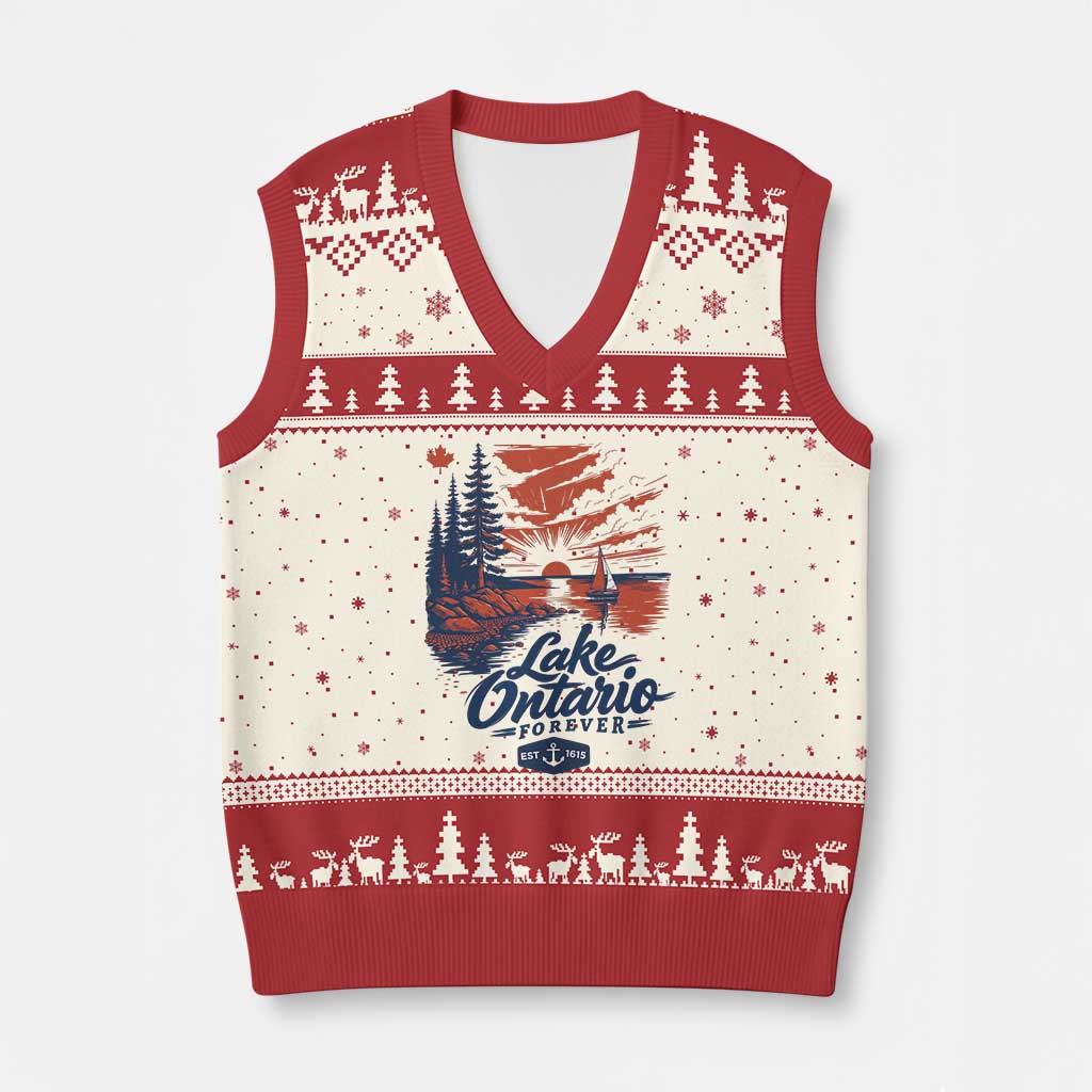 Lake Ontario Forever Est 1615 Vintage Canadian Maple Leaf V-Neck Knit Sweater Vest Sunset Nautical Great Lakes Gift
