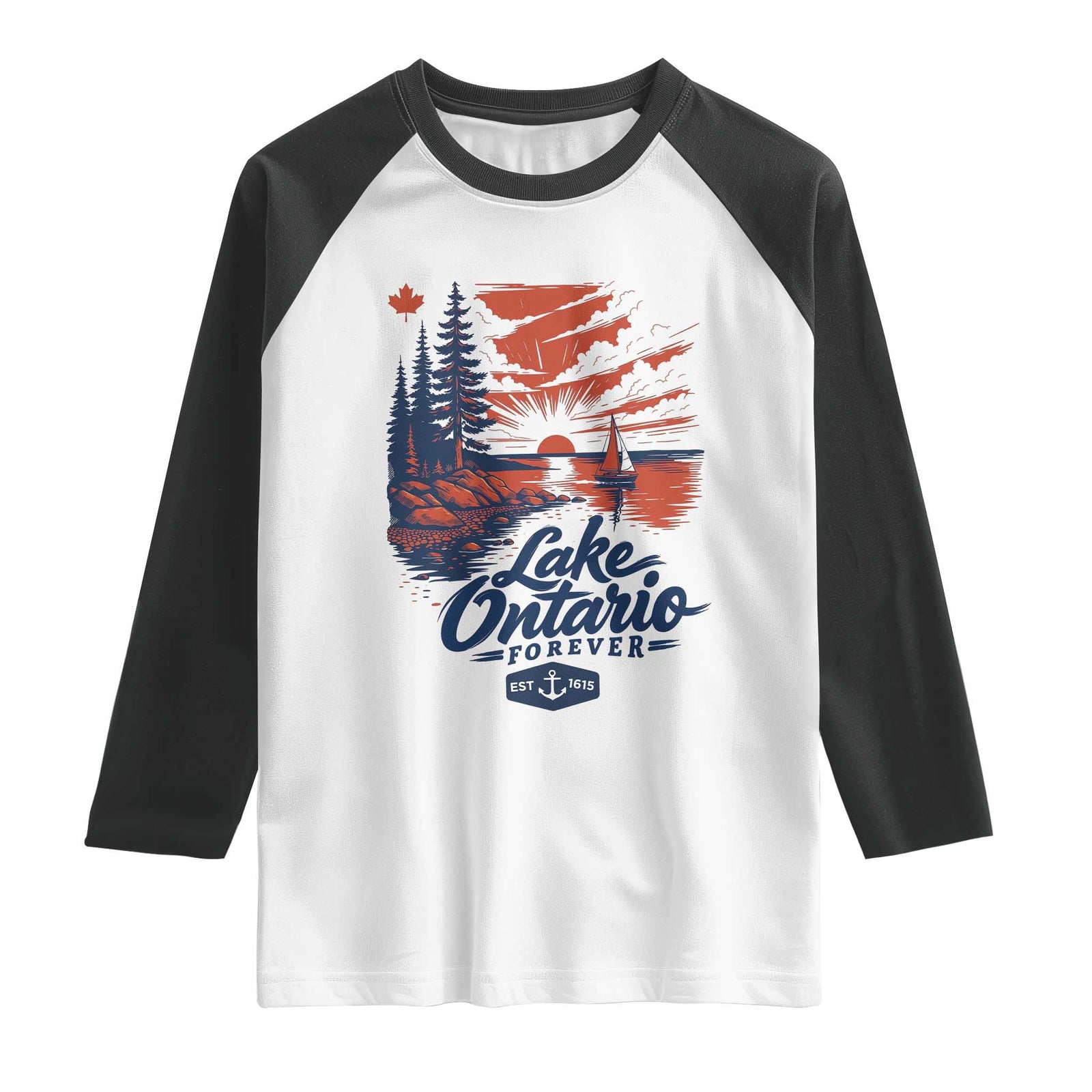 Lake Ontario Forever Est 1615 Vintage Canadian Maple Leaf Raglan Shirt Sunset Nautical Great Lakes Gift
