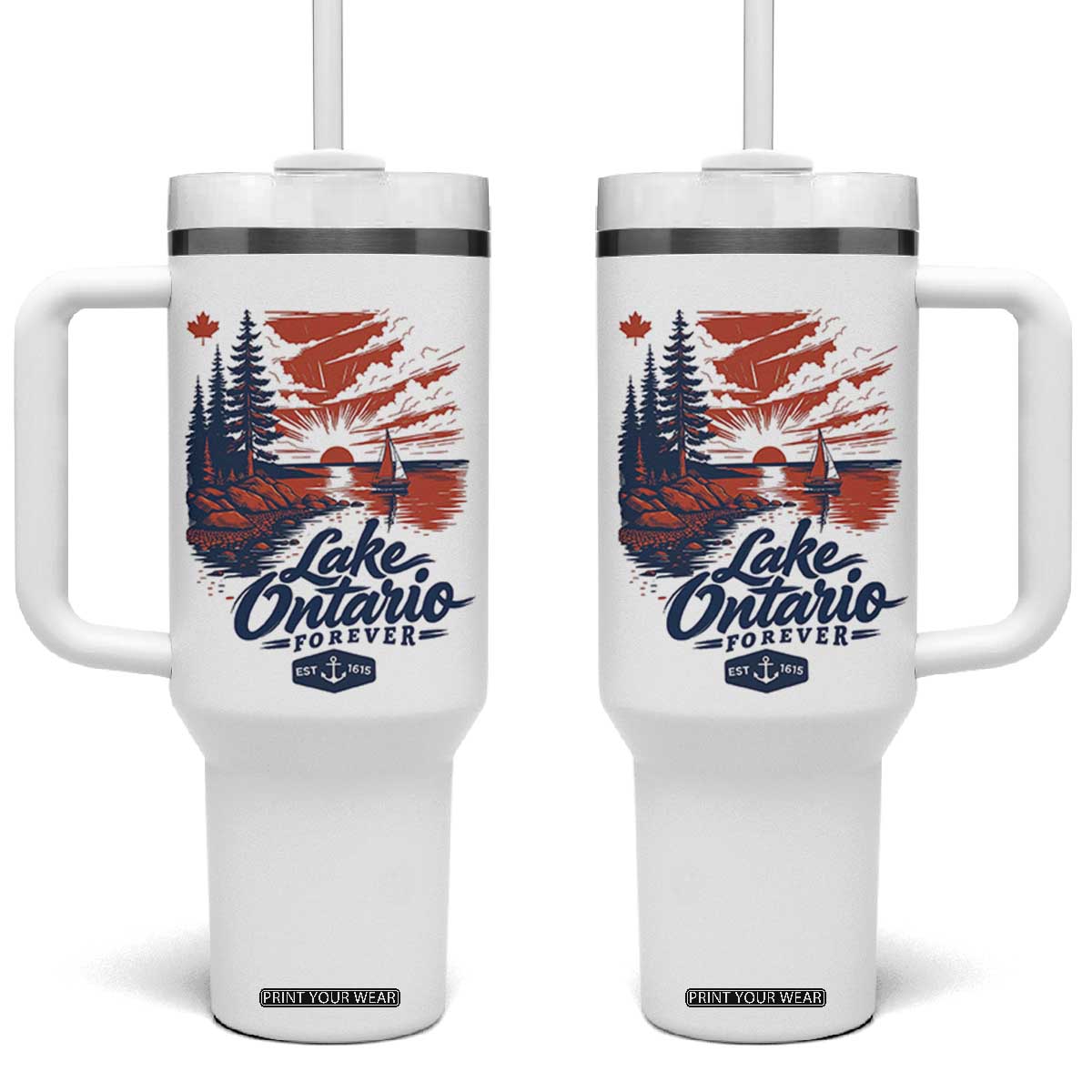 Lake Ontario Forever Est 1615 Vintage Canadian Maple Leaf Tumbler With Handle Sunset Nautical Great Lakes Gift