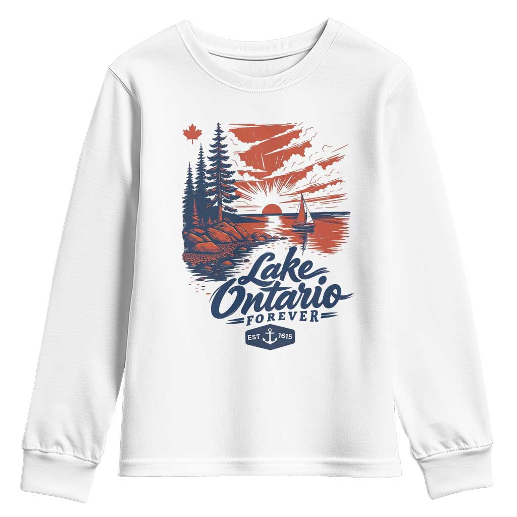 Lake Ontario Forever Est 1615 Vintage Canadian Maple Leaf Youth Sweatshirt Sunset Nautical Great Lakes Gift