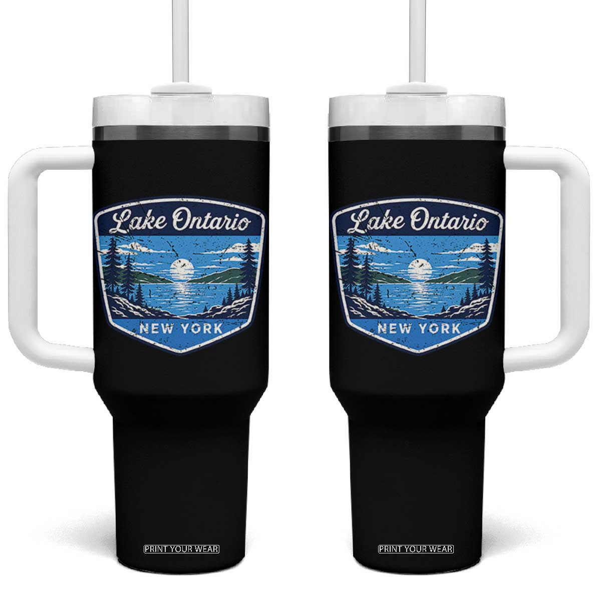 Lake Ontario New York Vintage Badge Tumbler With Handle Scenic Outdoor Sunset Great Lakes Gift