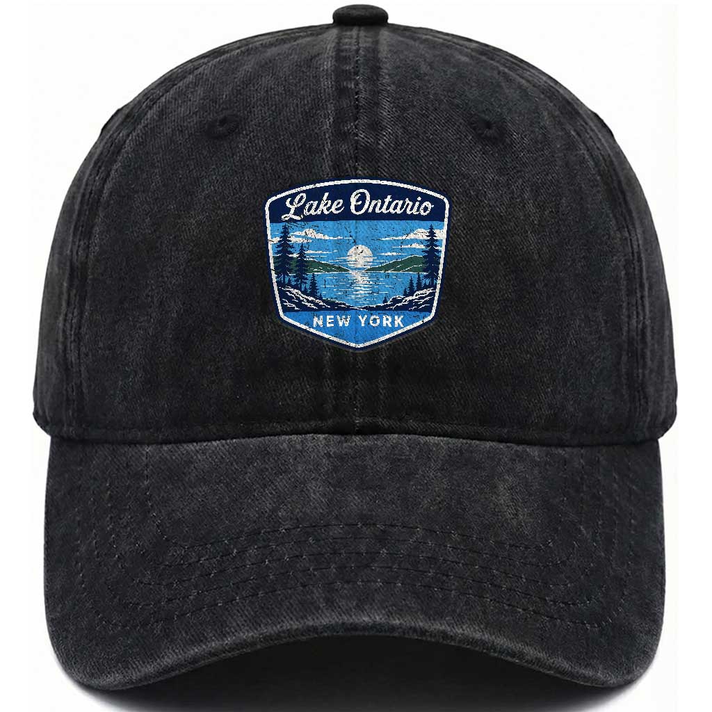Lake Ontario New York Vintage Badge Washed Cotton Baseball Cap Scenic Outdoor Sunset Great Lakes Gift