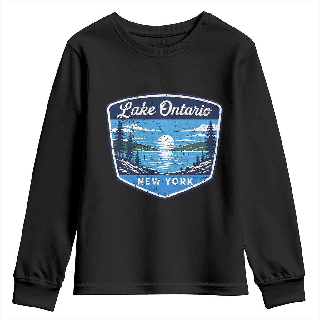 Lake Ontario New York Vintage Badge Youth Sweatshirt Scenic Outdoor Sunset Great Lakes Gift