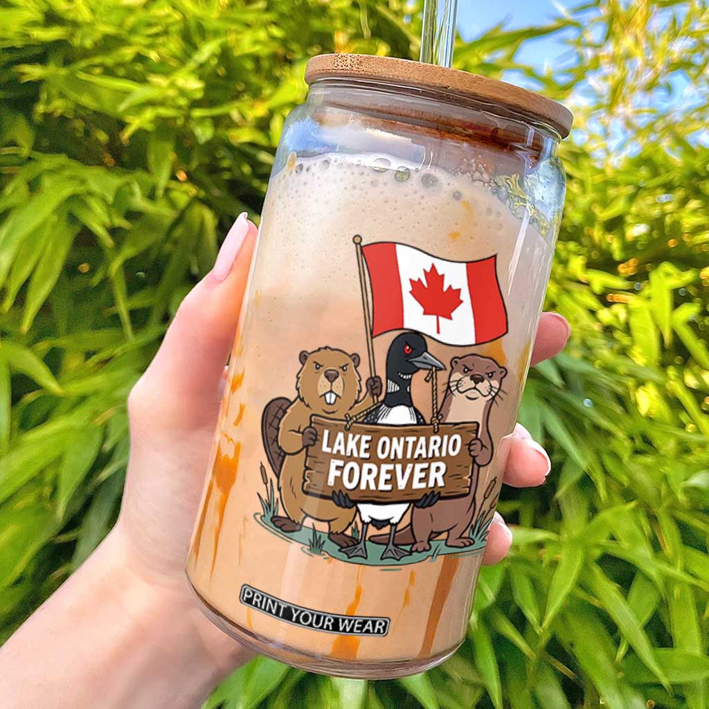 Lake Ontario Forever Beaver Loon Otter Resist Graphic Glass Can Funny Canadian Wildlife Pride Maplle Leaf Flag