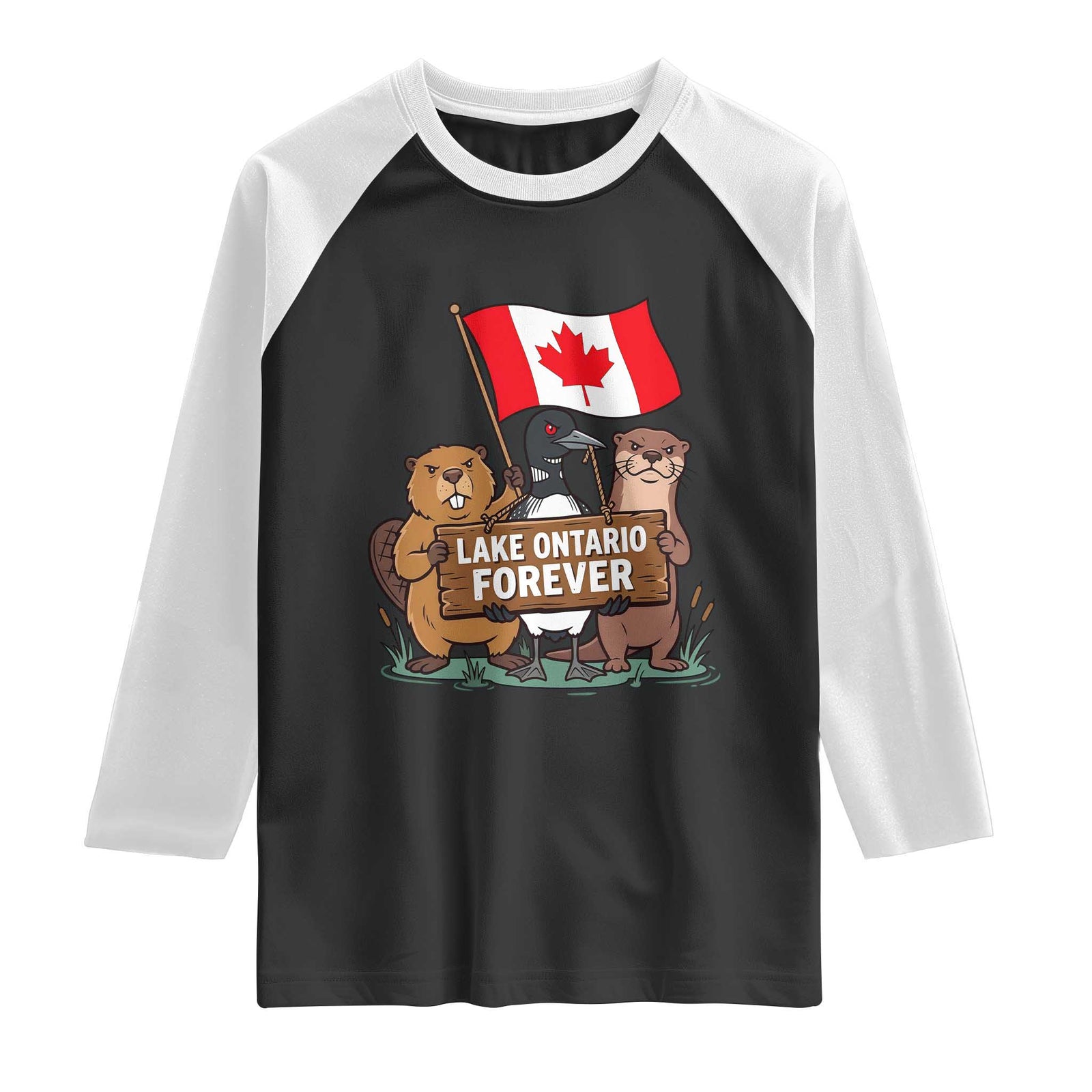 Lake Ontario Forever Beaver Loon Otter Resist Graphic Raglan Shirt Funny Canadian Wildlife Pride Maplle Leaf Flag