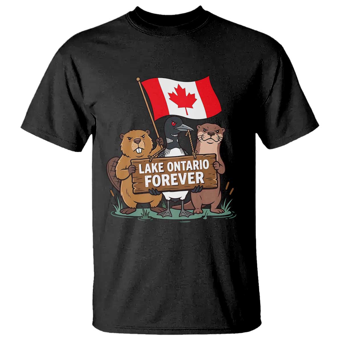 Lake Ontario Forever Beaver Loon Otter Resist Graphic T Shirt Funny Canadian Wildlife Pride Maplle Leaf Flag