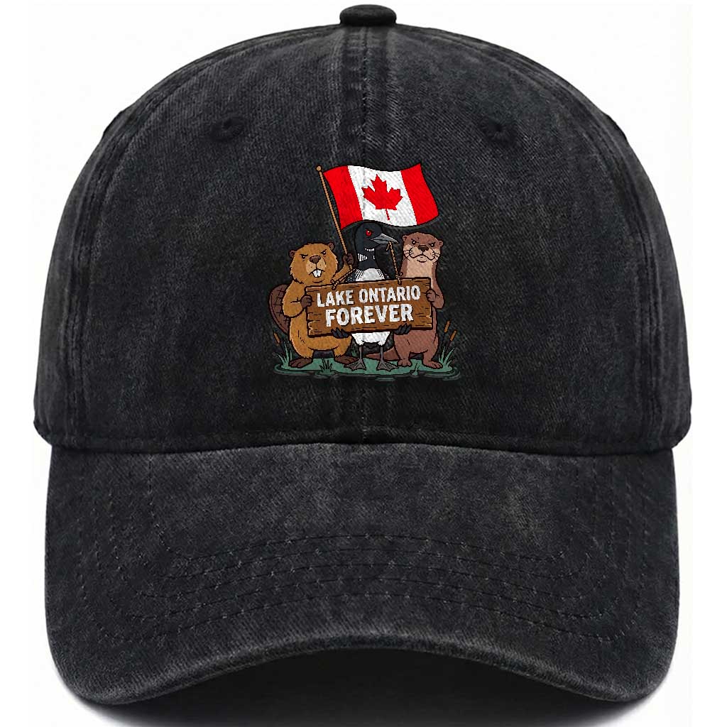 Lake Ontario Forever Beaver Loon Otter Resist Graphic Washed Cotton Baseball Cap Funny Canadian Wildlife Pride Maplle Leaf Flag