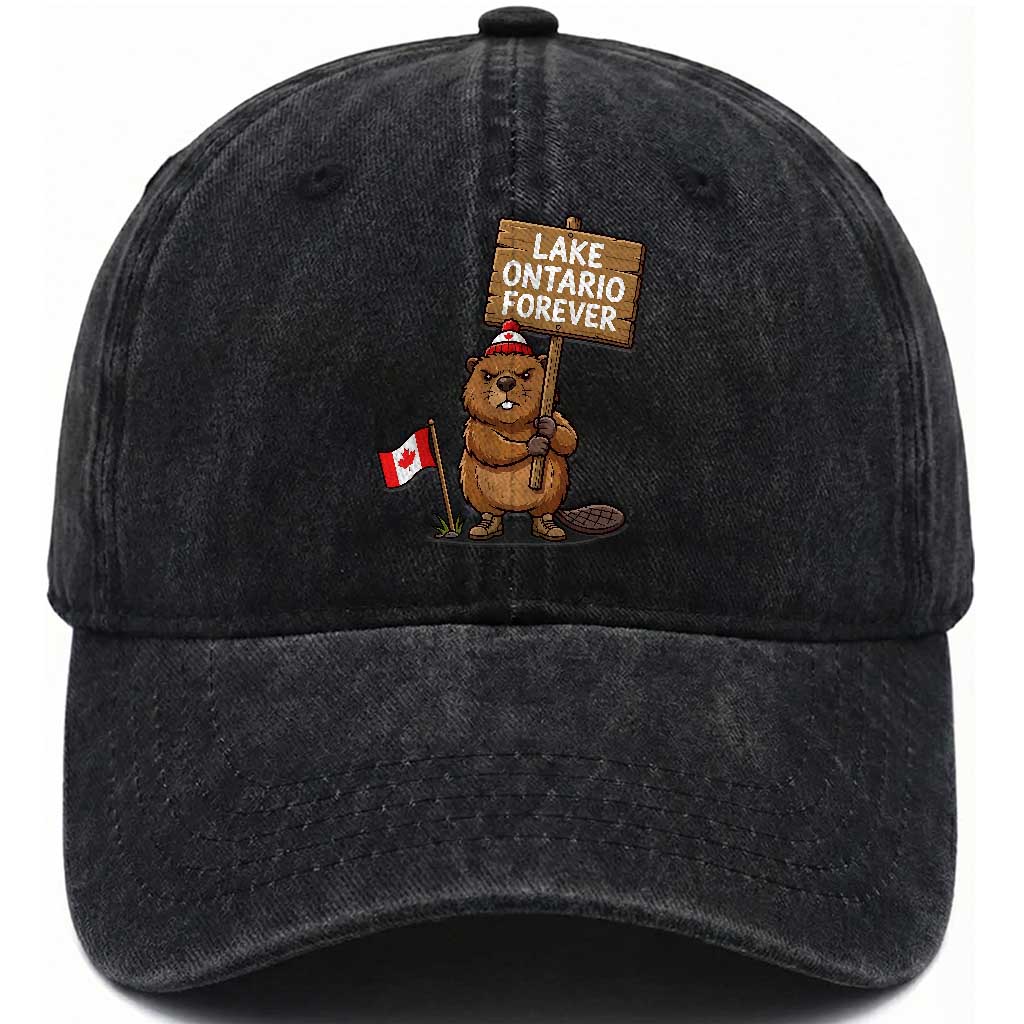 Lake Ontario Forever Canadian Beaver Resist Graphic Washed Cotton Baseball Cap Funny Canadian Wildlife Pride Maplle Leaf Flag