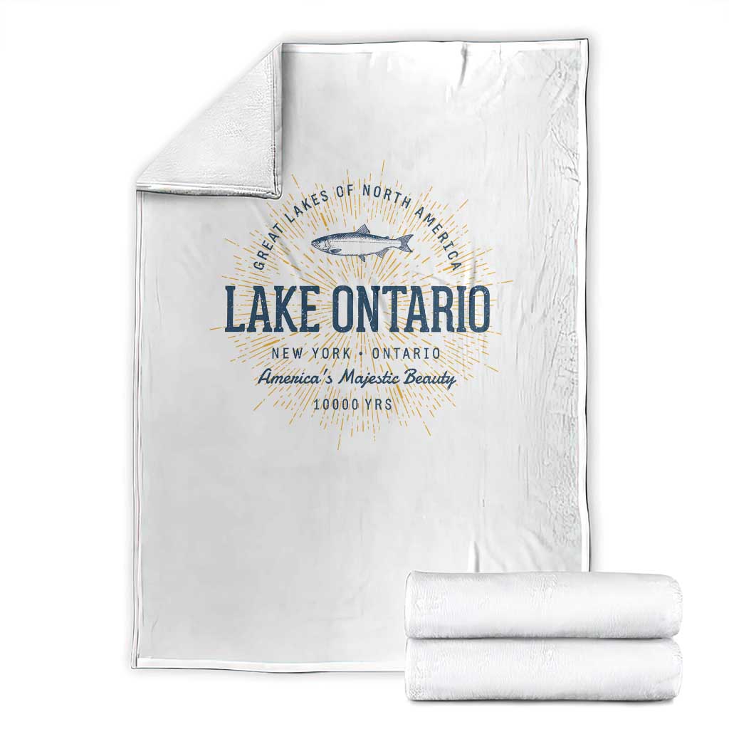 Lake Ontario Vintage Fish Emblem Graphic Throw Blanket Great Lakes Fishing Outdoor Vacation Travel Gift