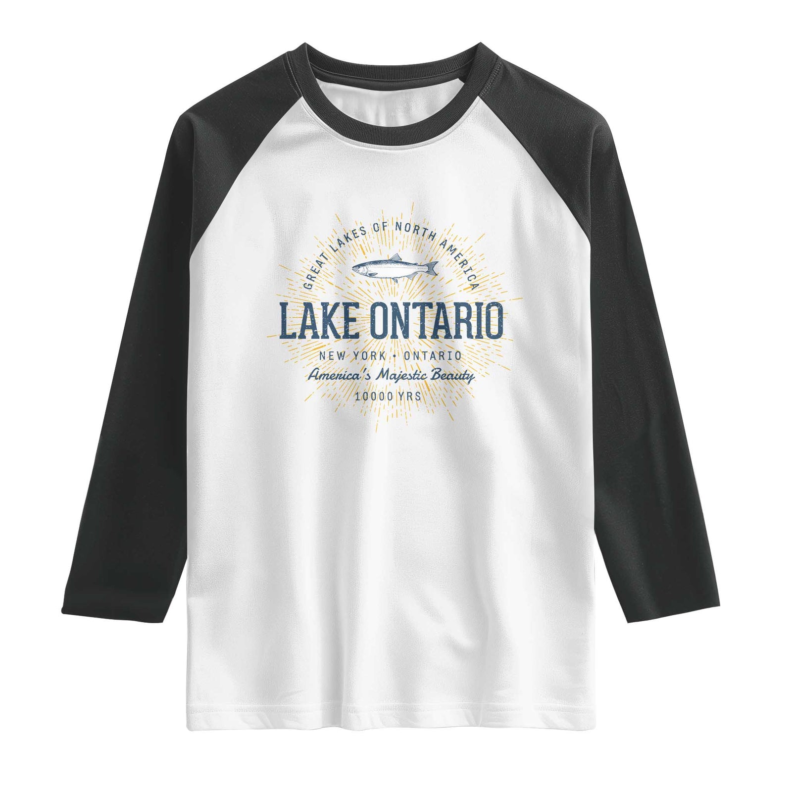 Lake Ontario Vintage Fish Emblem Graphic Raglan Shirt Great Lakes Fishing Outdoor Vacation Travel Gift