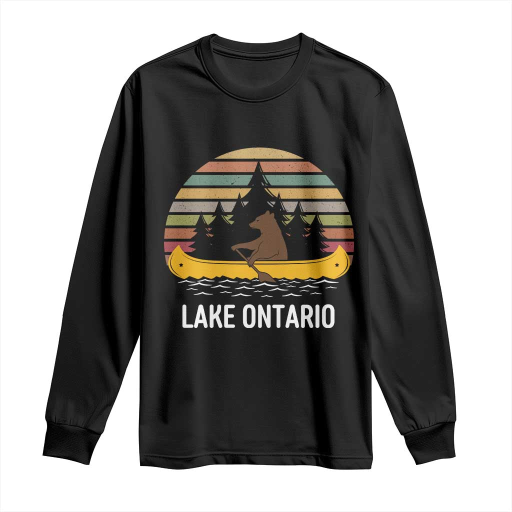 Lake Ontario Paddling Bear Canoe Graphic Long Sleeve Shirt Retro Sunset Outdoor Canoe Lake Life Vacation Gift