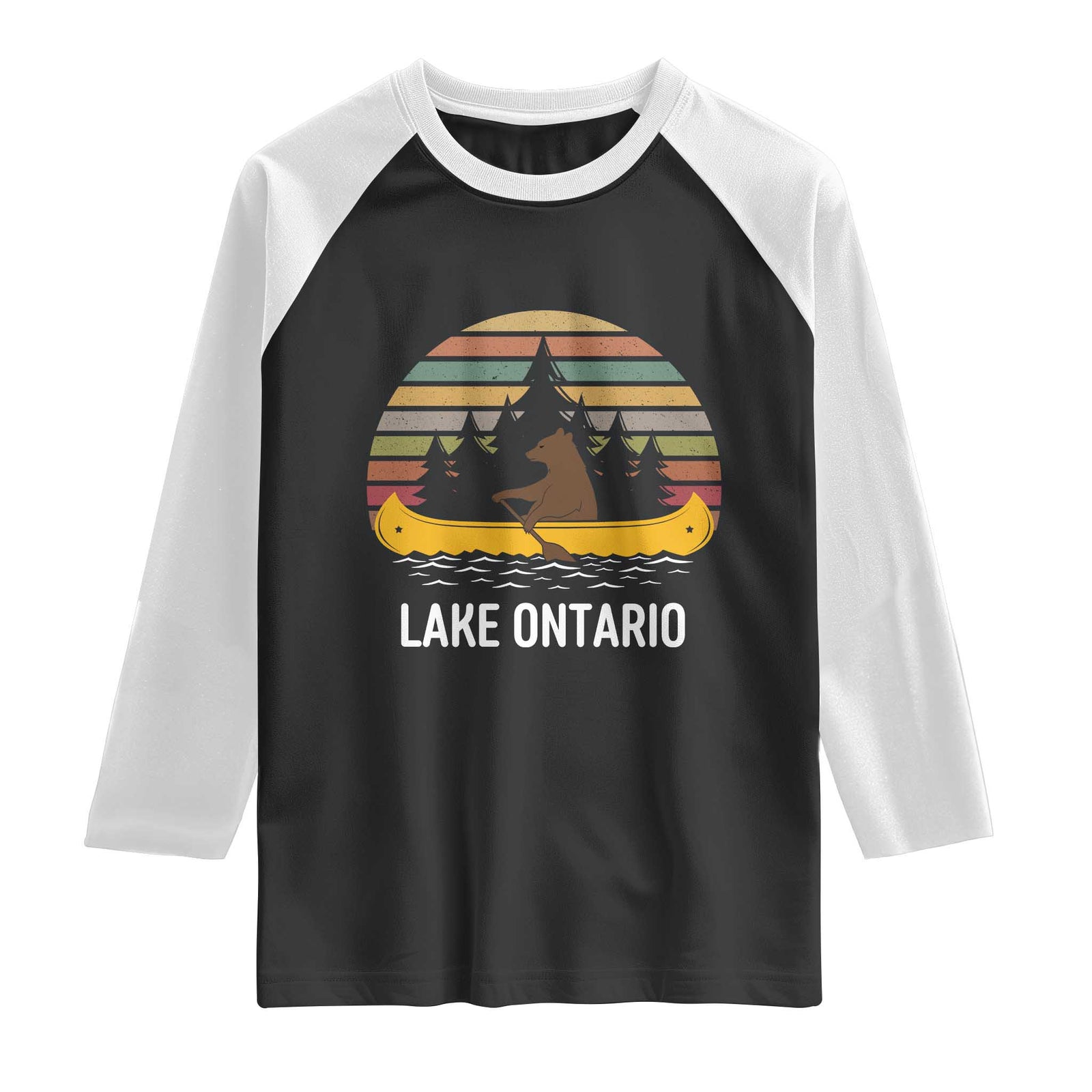 Lake Ontario Paddling Bear Canoe Graphic Raglan Shirt Retro Sunset Outdoor Canoe Lake Life Vacation Gift