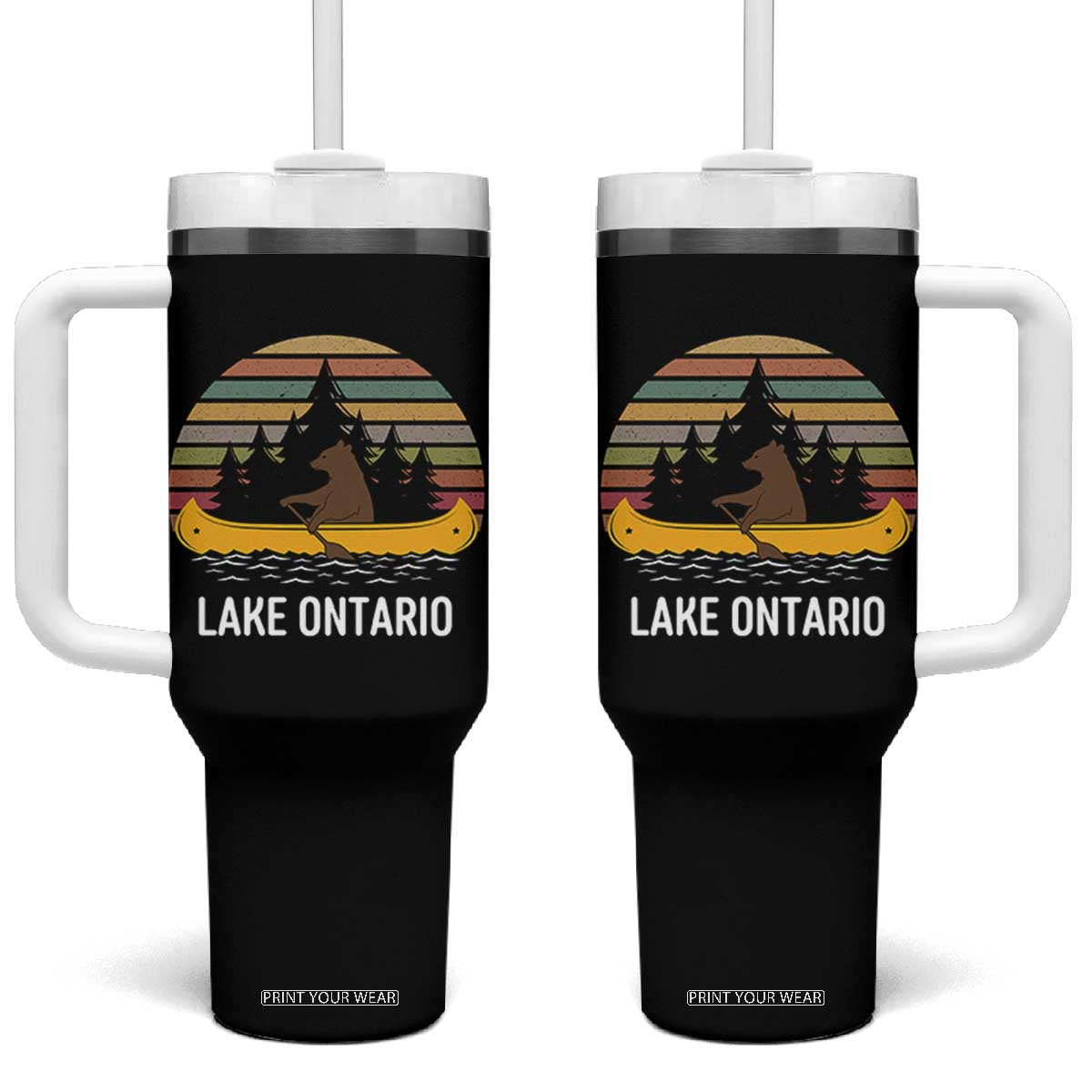 Lake Ontario Paddling Bear Canoe Graphic Tumbler With Handle Retro Sunset Outdoor Canoe Lake Life Vacation Gift