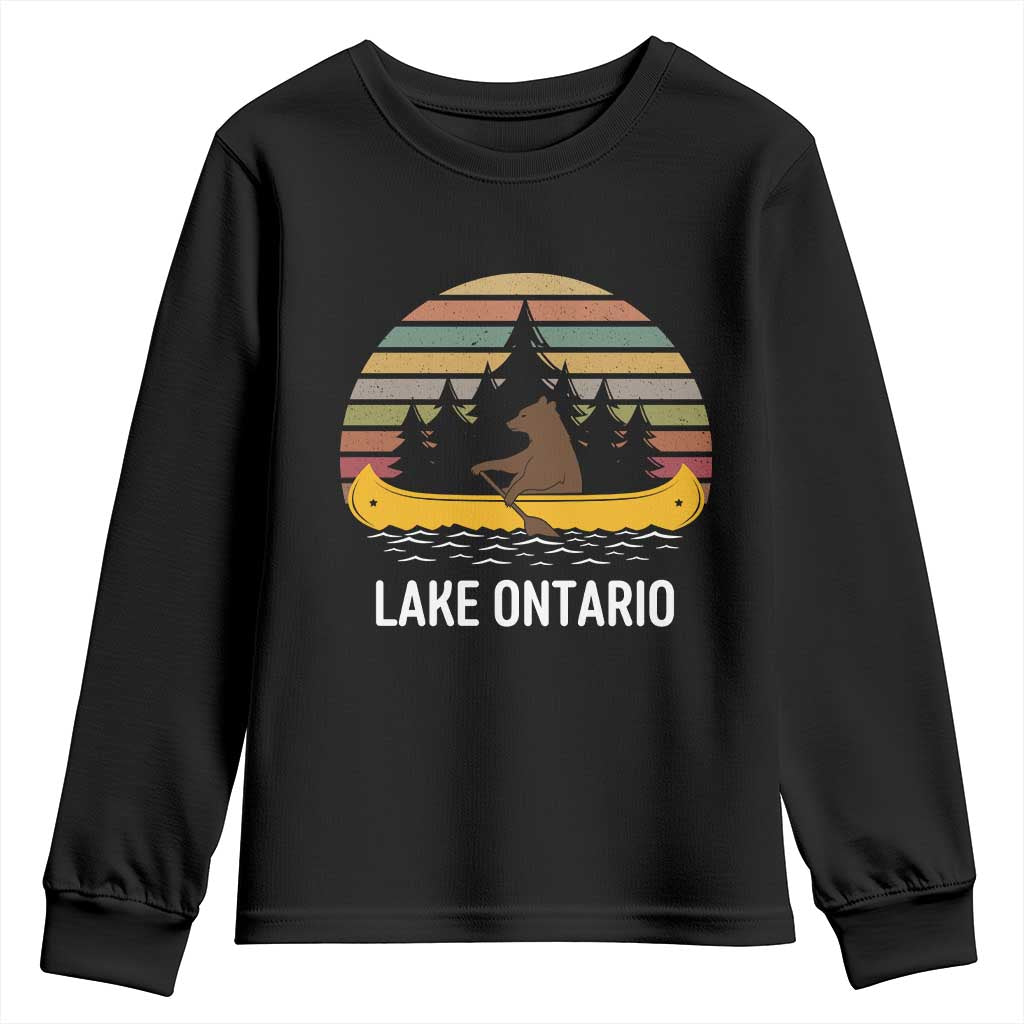Lake Ontario Paddling Bear Canoe Graphic Youth Sweatshirt Retro Sunset Outdoor Canoe Lake Life Vacation Gift