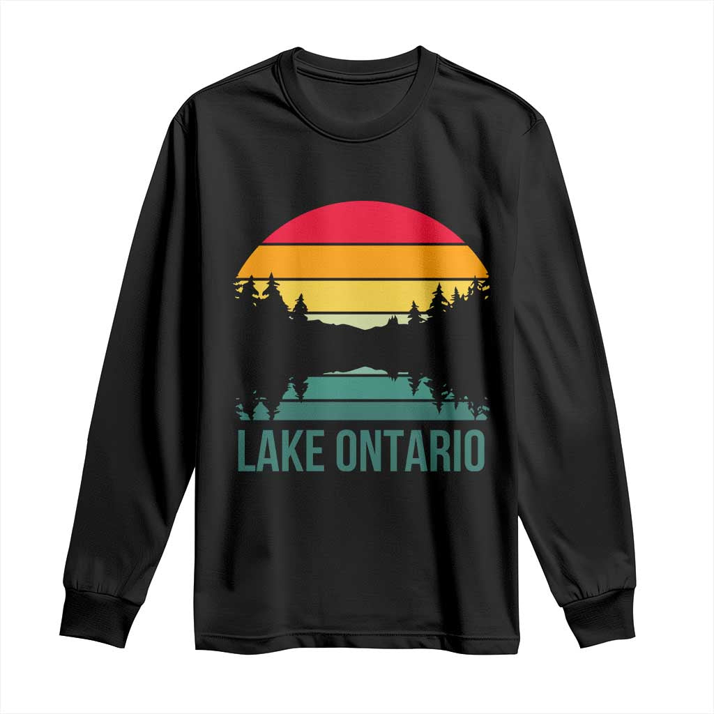 Vintage Lake Ontario Retro Striped Sunset Graphic Long Sleeve Shirt Scenic Forest Great Lakes Lake Life Gift