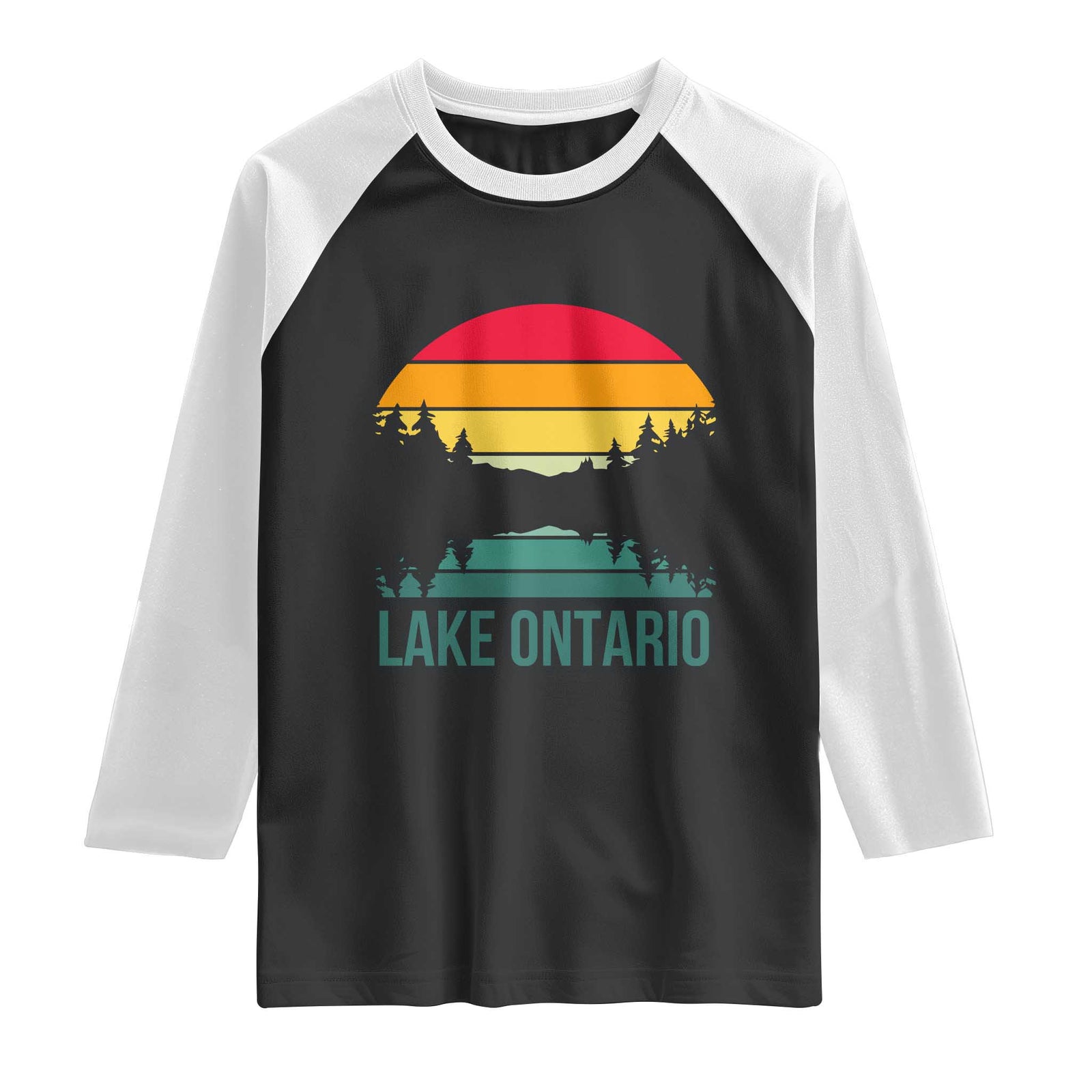Vintage Lake Ontario Retro Striped Sunset Graphic Raglan Shirt Scenic Forest Great Lakes Lake Life Gift