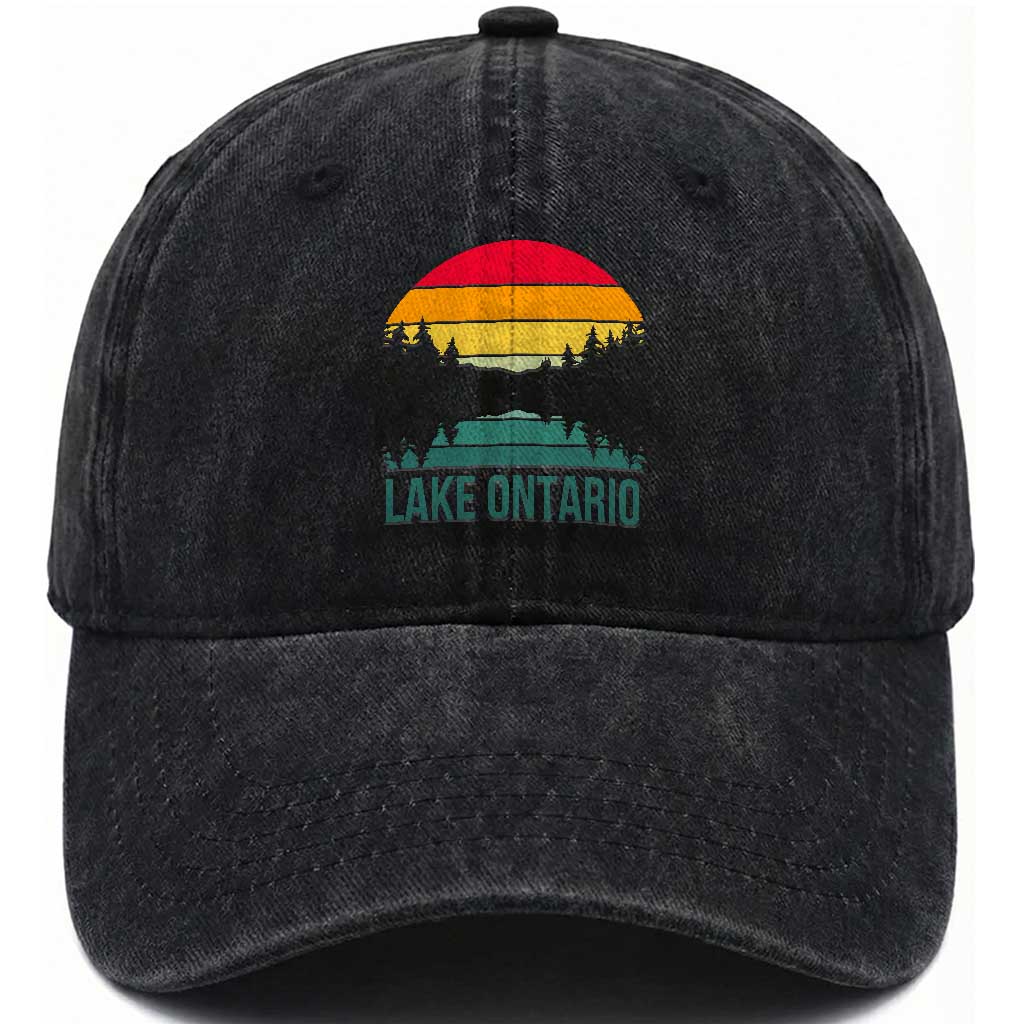 Vintage Lake Ontario Retro Striped Sunset Graphic Washed Cotton Baseball Cap Scenic Forest Great Lakes Lake Life Gift