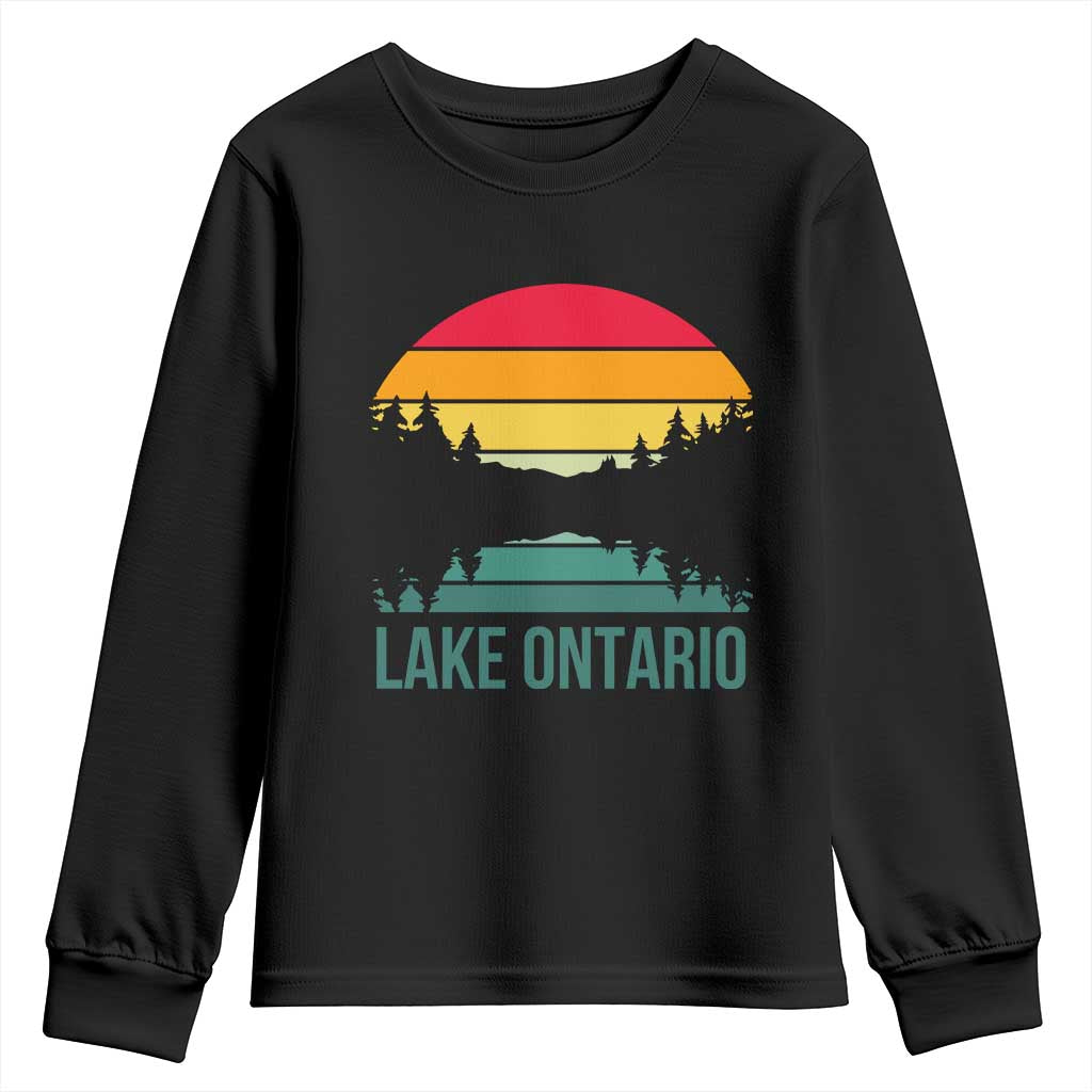 Vintage Lake Ontario Retro Striped Sunset Graphic Youth Sweatshirt Scenic Forest Great Lakes Lake Life Gift