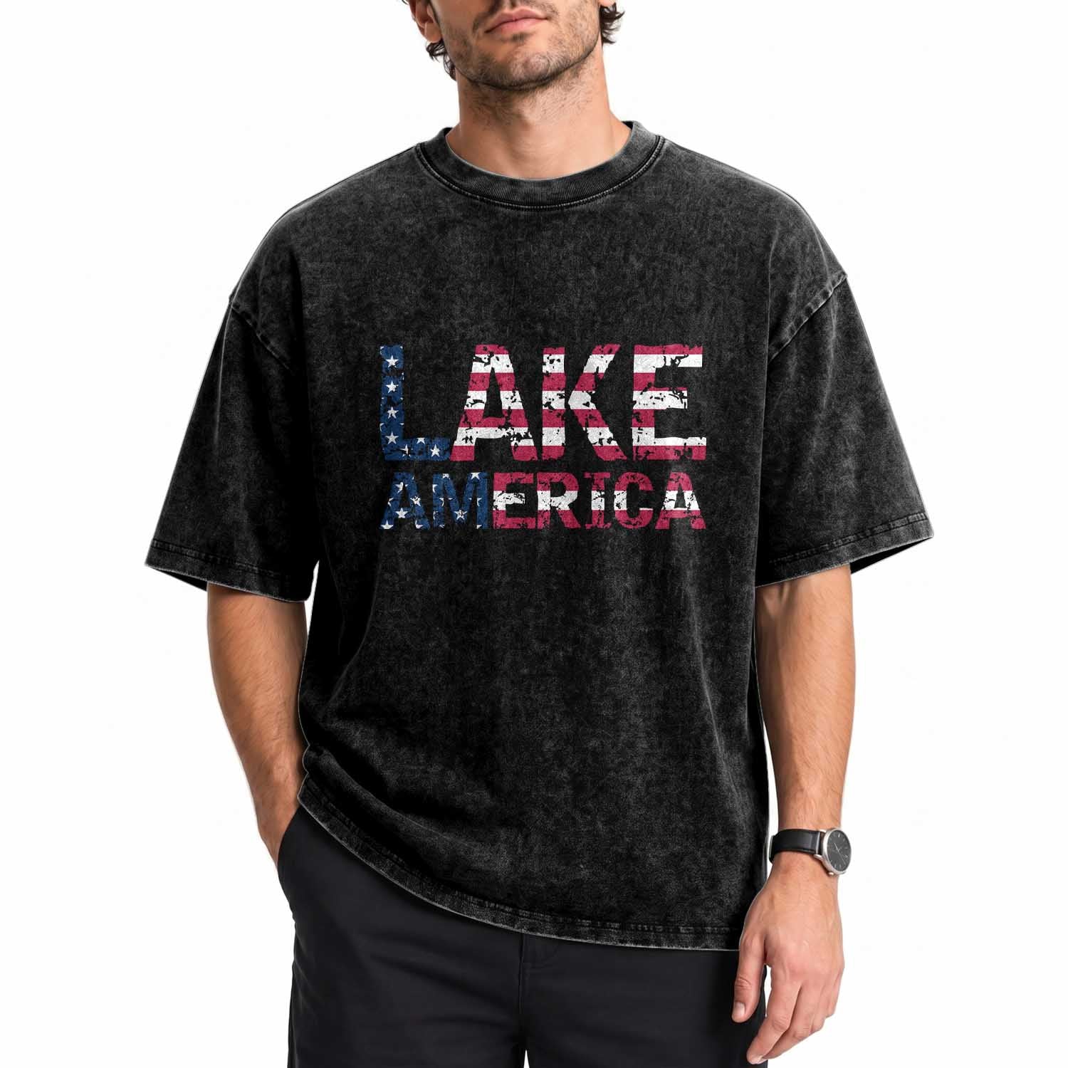 Lake America Est 2026 Patriotic American Flag Washed Cotton T-Shirt Distressed Bold Graphic USA Great Lakes Pride Gift