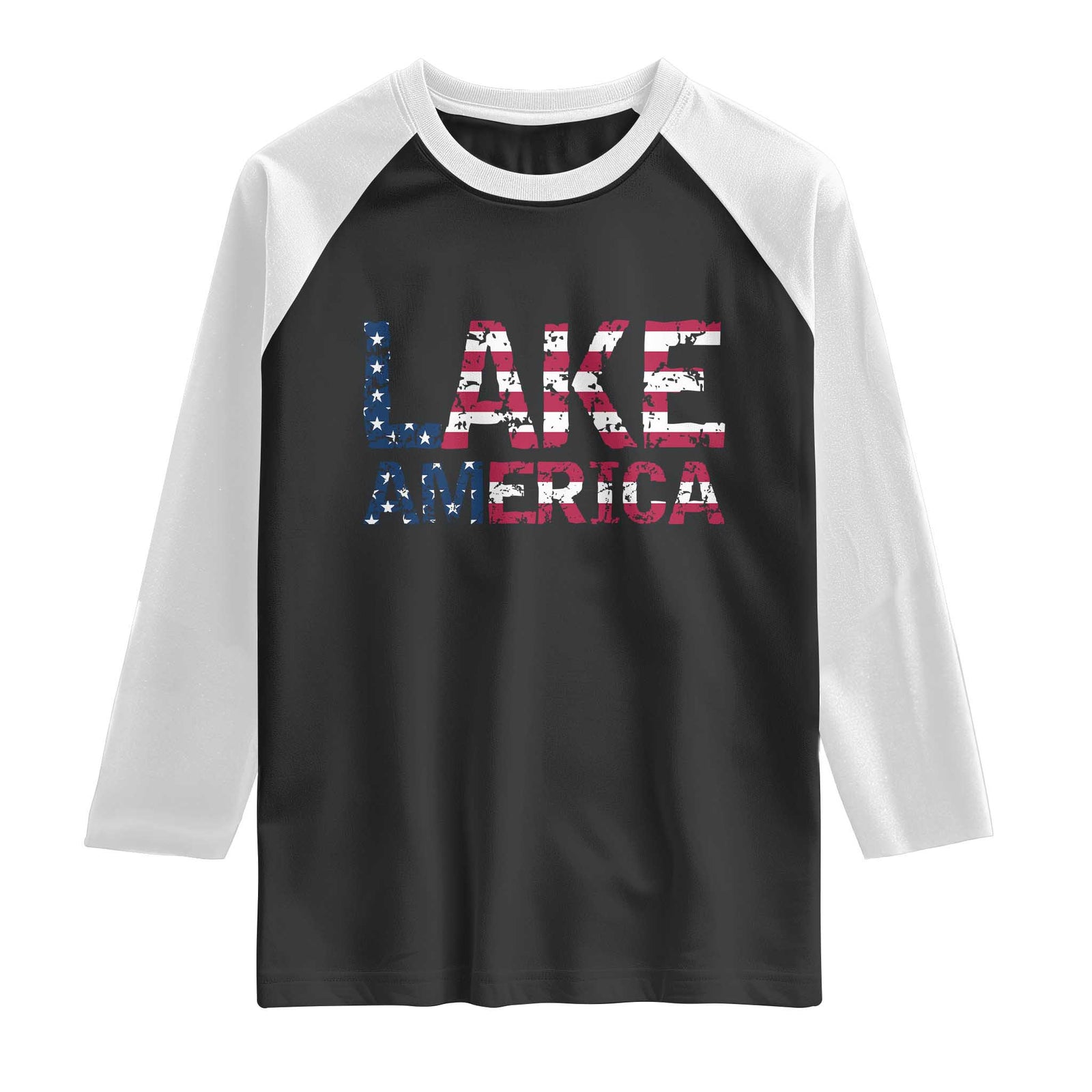 Lake America Est 2026 Patriotic American Flag Raglan Shirt Distressed Bold Graphic USA Great Lakes Pride Gift