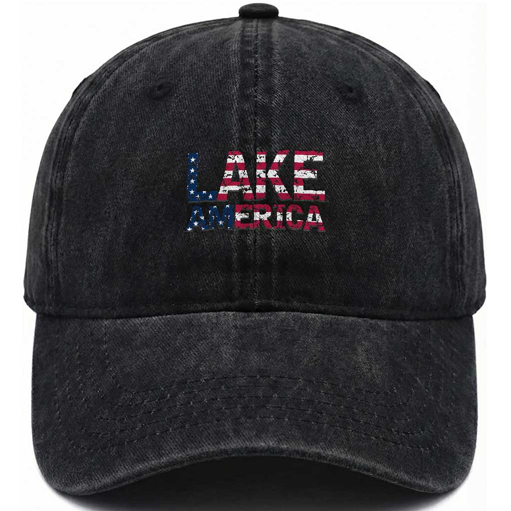 Lake America Est 2026 Patriotic American Flag Washed Cotton Baseball Cap Distressed Bold Graphic USA Great Lakes Pride Gift