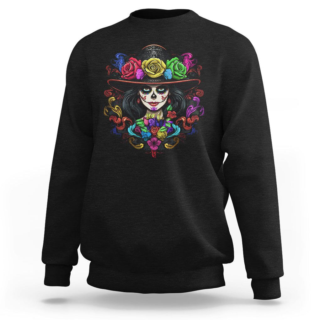 Day of the Dead Sweatshirt Dia De Los Muertos Sugar Skull Women La Catrina TS02 Black Printyourwear