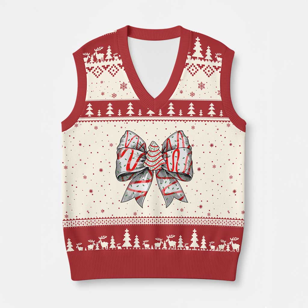 Coquette Bow Xmas Tree Cake V-Neck Knit Sweater Vest Xmas Vibes TS02 Beige Red Print Your Wear