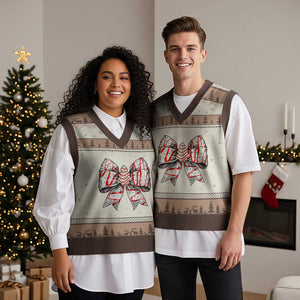 Coquette Bow Xmas Tree Cake V-Neck Knit Sweater Vest Xmas Vibes TS02 Mocha Mousse Print Your Wear
